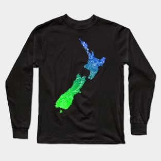 Colorful mandala art map of New Zealand with text in blue and green Long Sleeve T-Shirt